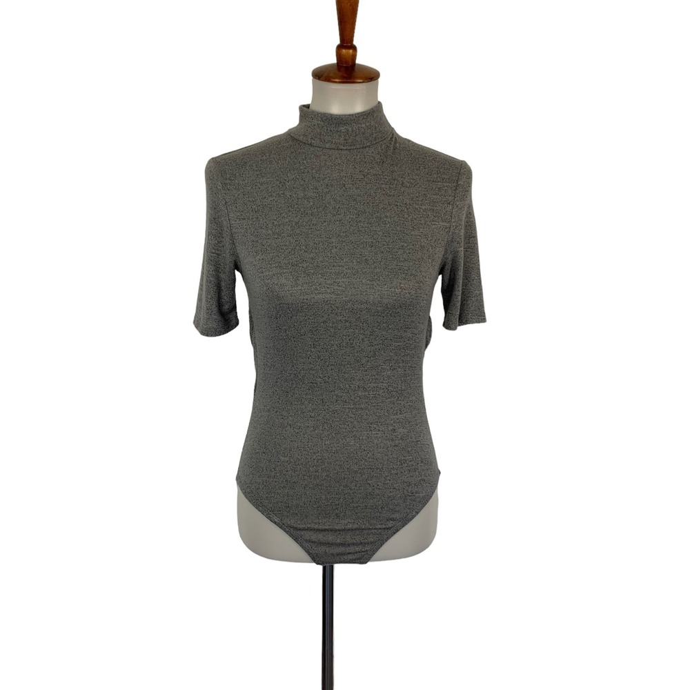 Trendy Mock Neck Open Back Grey Bodysuit Cutout Stretch Top Medium Y2K Aesthetic
